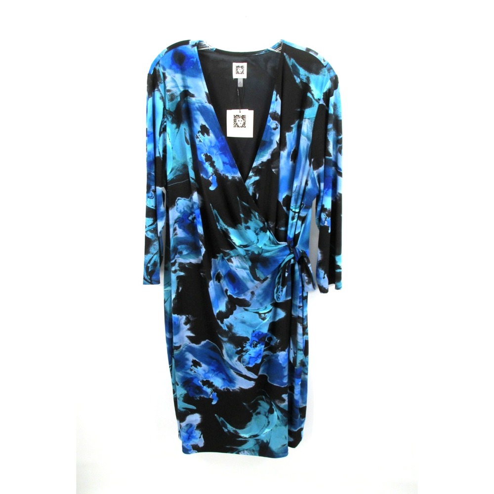 Anne Klein Women 2X Blue Floral Faux Wrap Midi Dress Boho Artsy Long Sleeve
